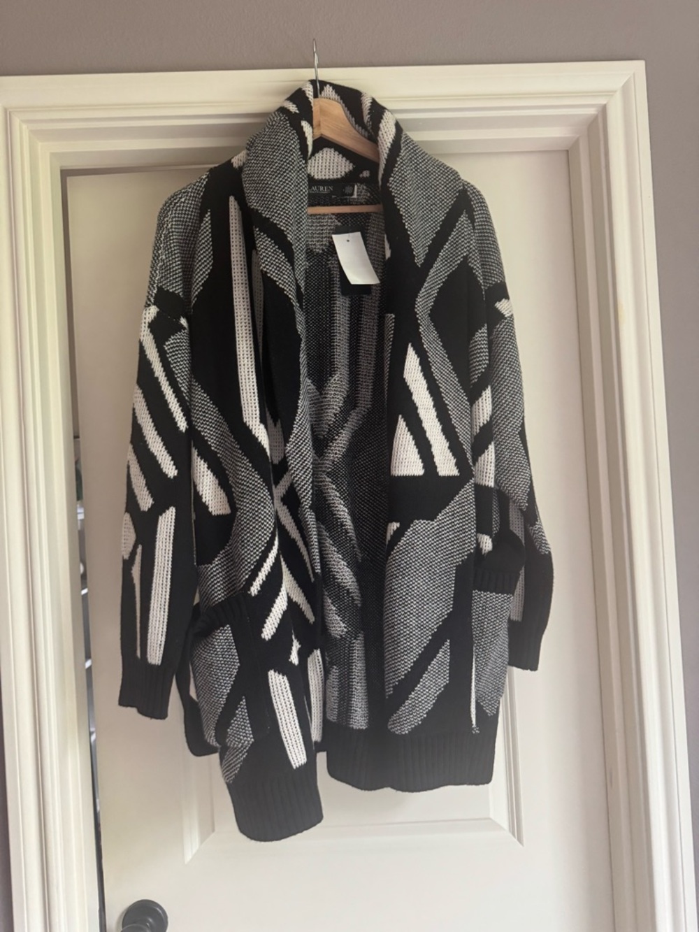 Ralph Lauren Black and White Geometric Open-Front Cardigan